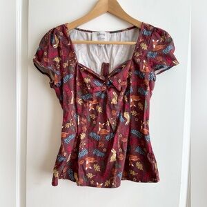 Collectif Deer Bunny Woodland Print Top Size M Retro Rockabilly Vintage Style